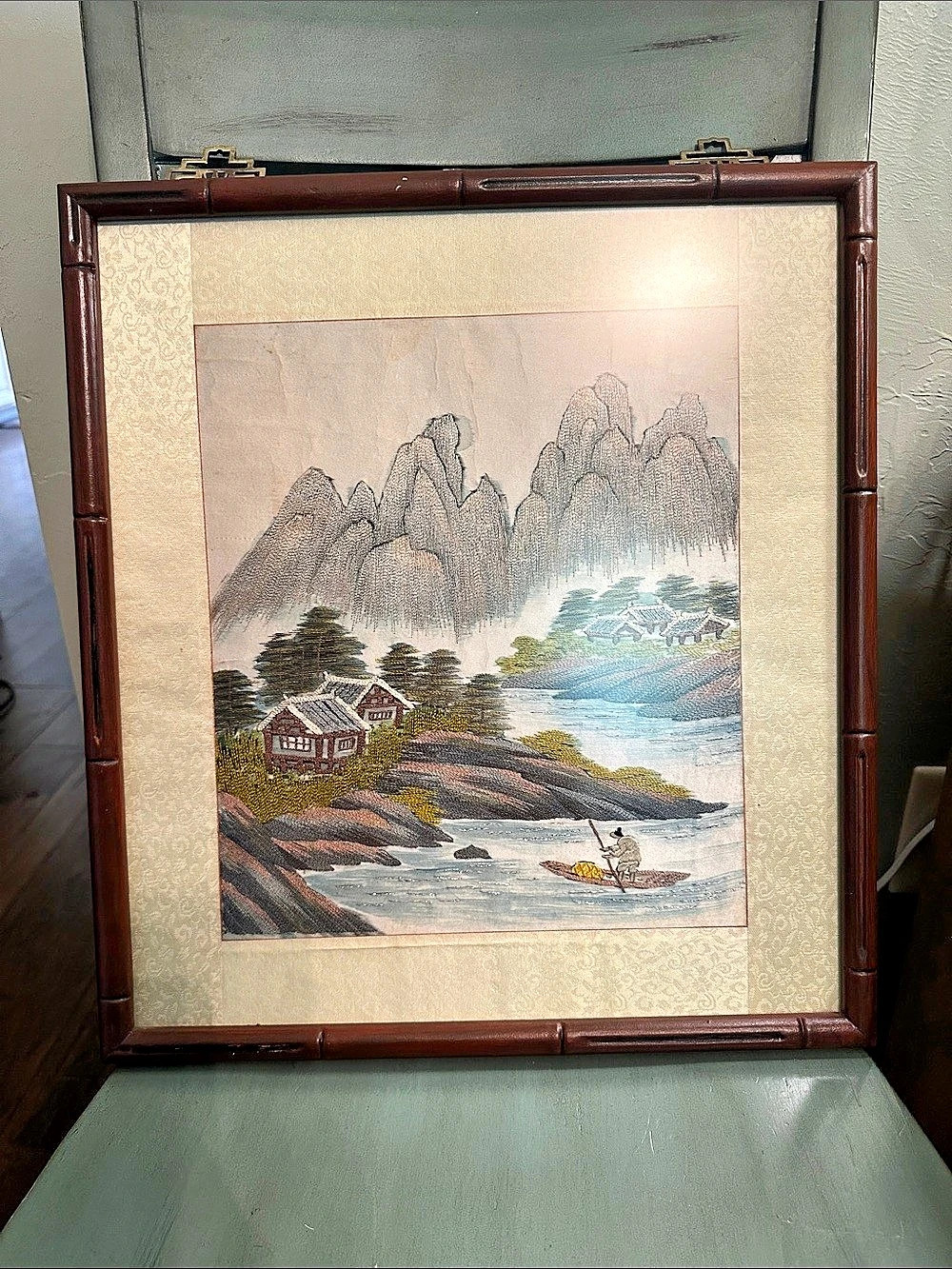 Vintage framed Asian silk thread picture